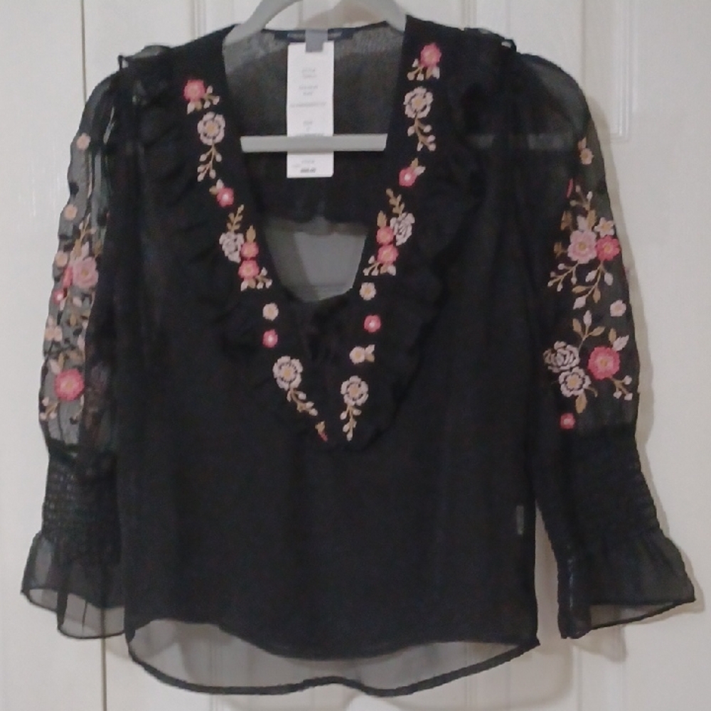 French Connection Black and Pink Flutter Sleeve Blouse